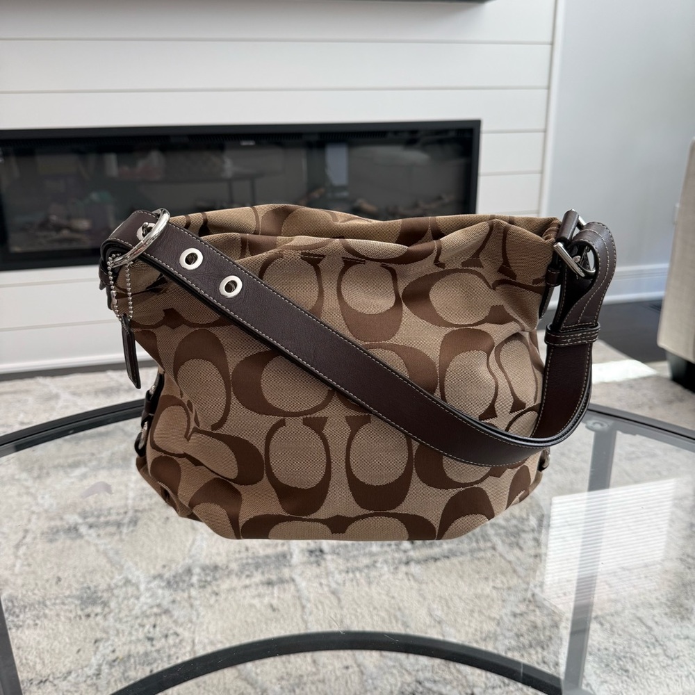 Coach F15067 Brown Signature Jacquard Shoulder Hobo